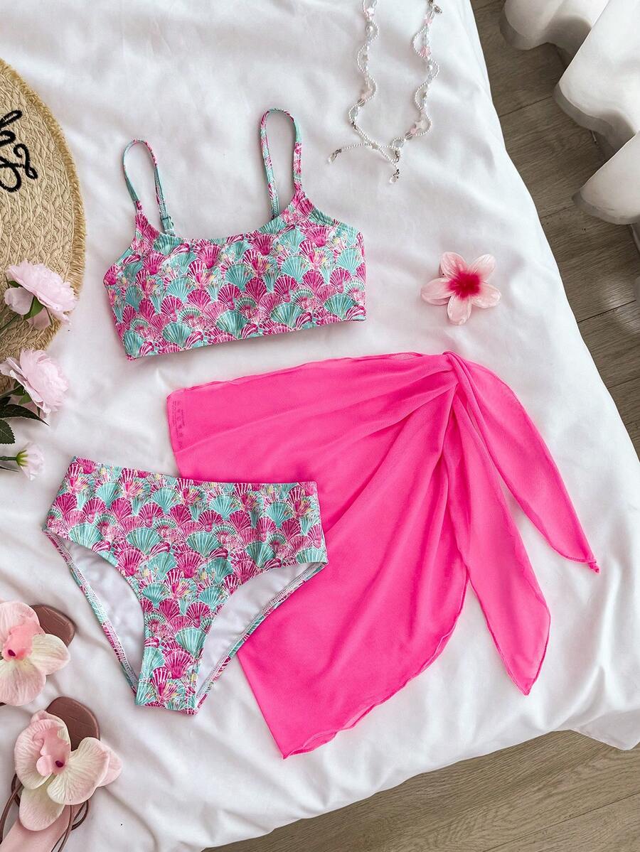 Set 3 Potong untuk Anak Perempuan Remaja: Rok Motif Kerang Kasual Liburan Pantai Warna Coral, Tankini Baju Renang Warna Pink, Gaya Liburan Pantai - Hot Pink - View 1