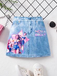 SHEIN Genkimix Kids Váy denim họa tiết kỳ lân hoạt hình dễ thương cho bé gái - Màu xanh lam - Xem 3
