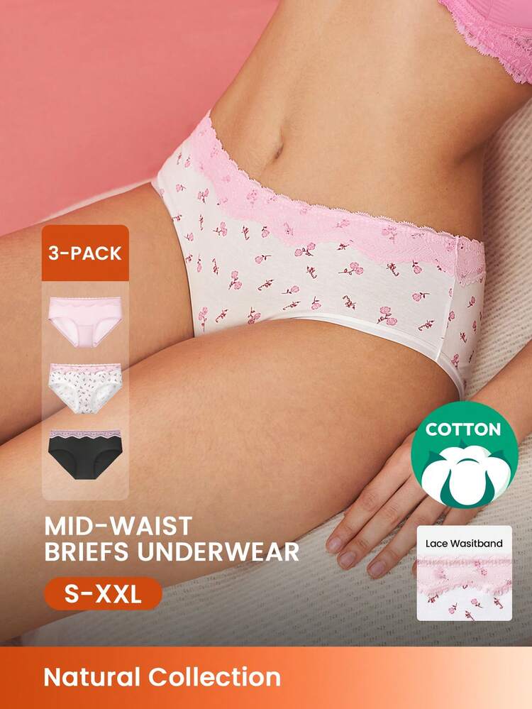 3-Pack Soft Cotton Basic Floral Print Lace Trim Mid-Waist Underwear Briefs