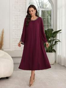 Lacomfia 女士休闲纯色蕾丝边宽松圆领长袖中长连衣裙，春秋季 - 酒紅色 - 查看 4