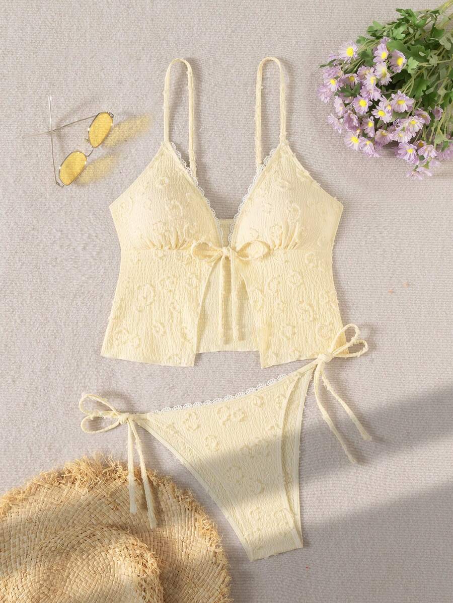 Swim Mod 2pcs Women Textured Fabric Elegant Camisole & Bikini Set - Light Yellow - View 1