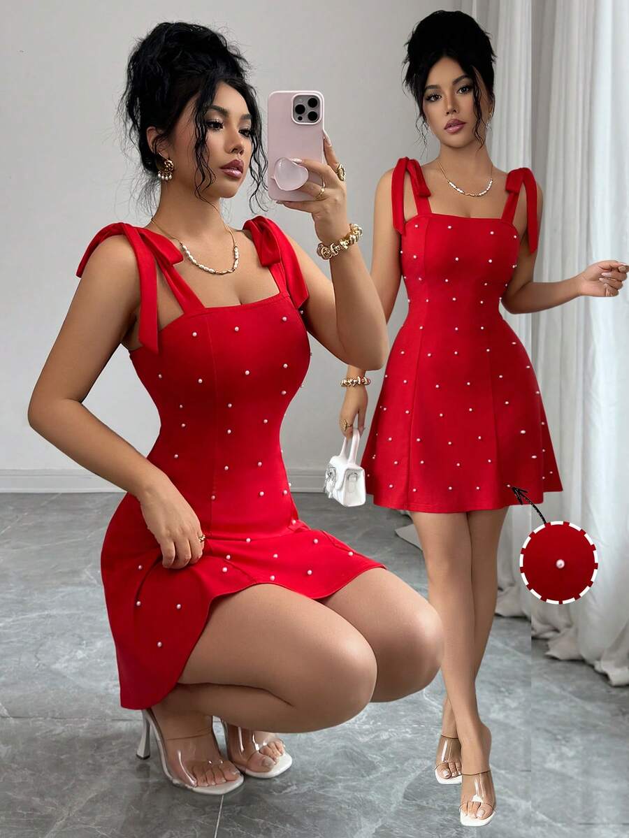 Rafferiza 女士纯色优雅独特时尚珍珠蝴蝶结装饰修身A字迷你连衣裙 - 紅色 - 查看 1