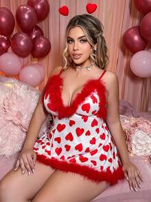 3pcs Plus Size Milk Silk Patchwork Lingerie Set, Valentine's Day - Red and White - View 4
