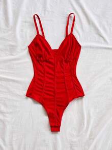 Soleia Women's Vacation Red Knit V-Neck Fishbone Waist Bodysuit, Sexy For Beach, Date, Holiday, Beach Vacation, Afternoon Tea, Wedding Season, Party, Cruise, City Vacation, Boho Vacation, Music Festival, Hippie, Western, Holiday, Valentine's Day - Red - View 6