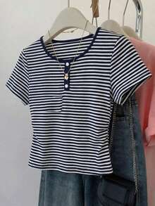 White,Summer,Casual,Beach Vibrant Color Casual T-Shirt For Teens,Soft & Stretchy Fabric,Fitted Style,Suitable For School,Weekend Outings & Layering - Blue - View 5