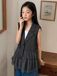 DAZY Chaleco de blazer sin mangas con parches de malla negra para niñas preadolescentes - Gris - Ver 5