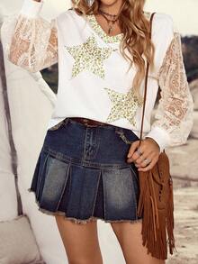 LanaWest Western Style Floral Lace Patchwork Contrast Color V-Neck Long Sleeve Versatile Women Sweatshirt - White - View 3