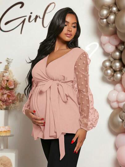 Loomaby Maternity Solid Color Mesh Patchwork Wrap Tie Front Long Sleeve Shirt, Suitable For Baby Shower