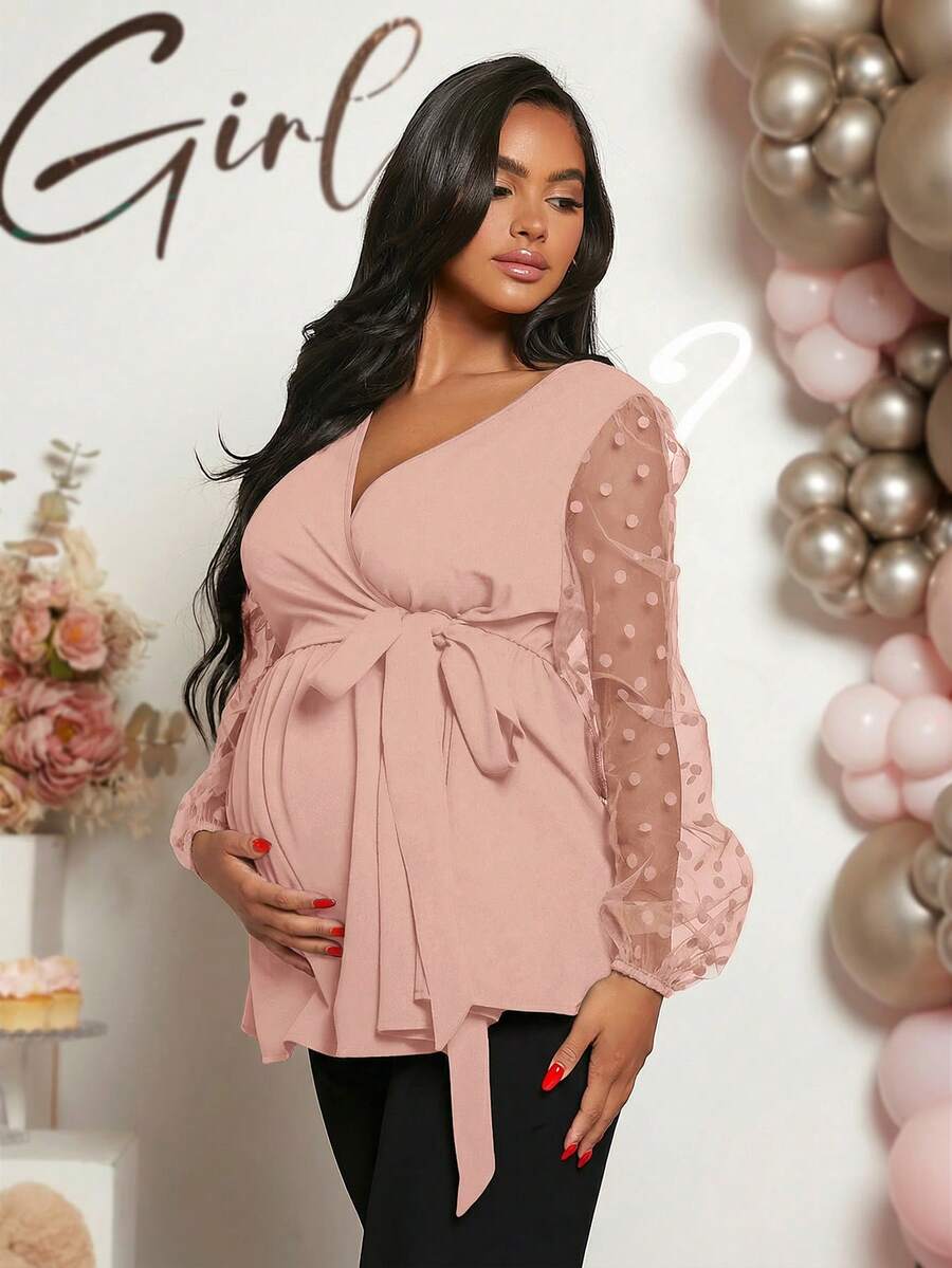 Loomaby Maternity Solid Color Mesh Patchwork Wrap Tie Front Long Sleeve Shirt, Suitable For Baby Shower - Pink - View 1