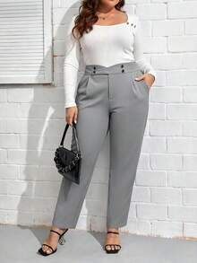 SHEIN LUNE 大码休闲百搭纯色锥形裤 - 淺灰色 - 查看 4