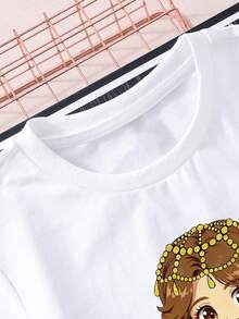 2 Stücke/Set Outfit für Kleine Mädchen, Mädchen Weißes Kurzarm T-Shirt mit Laternendruck und blauer Blumen-Rüschenrock, von Nahost inspirierte Mode - Verschiedenfarbig - Übersicht 8