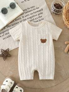 SHEIN Baby Boy Summer Casual Bear Embroidery Romper - Beige - View 6