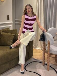 Pariaura Young Fashionable Minimalist French Style Daily Commute Vacation Black & White Striped Round Neck Asymmetrical Metal Buckle Asymmetric Hem Split Front Knit Fitted Top, Versatile Rib Knit, Spring/Summer/Autumn Stripe Top Preppy Tops Summer Tops Women Knit Tops Women Sleeveless Tops - Rose Red - View 4