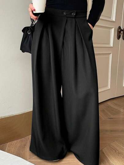 Dazy Plus Solid Color Oversized Wide Leg Double Button Pleated Long Casual Pants, All Season