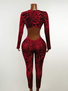 Mistrie Women's Casual Red Random Print Knitted Jumpsuit With V Neck Long Sleeve Backless Cropped Unitard - Red - View 2