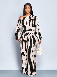 SOLERSUN Bộ đồ hai mảnh thời trang cỡ lớn dành cho nữ, họa tiết da báo gợi cảm mới, kiểu trễ vai, tay dài và thắt eo, áo xếp ly một bên có dây rút và quần ống loe ôm sát, chất liệu dệt kim, thích hợp cho các bữa tiệc, đi làm hàng ngày, tiệc tùng sang trọng nhẹ nhàng, lễ hội âm nhạc, năm mới, mùa thu, mùa đông. - Đen và trắng - Xem 3