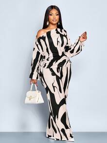 SOLERSUN Bộ đồ hai mảnh thời trang cỡ lớn dành cho nữ, họa tiết da báo gợi cảm mới, kiểu trễ vai, tay dài và thắt eo, áo xếp ly một bên có dây rút và quần ống loe ôm sát, chất liệu dệt kim, thích hợp cho các bữa tiệc, đi làm hàng ngày, tiệc tùng sang trọng nhẹ nhàng, lễ hội âm nhạc, năm mới, mùa thu, mùa đông. - Đen và trắng - Xem 5