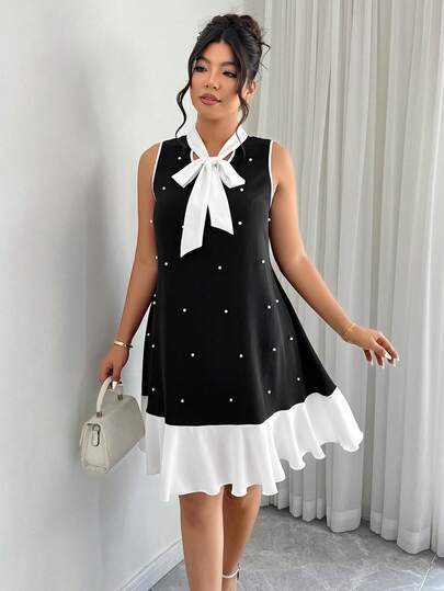 Elenzga Women's Elegant Tie-Strap Contrast Color Bubble Pearl A-Line Ruffle Dress, Suitable For Commute, Office, And Everyday Wear, Spring/Summer