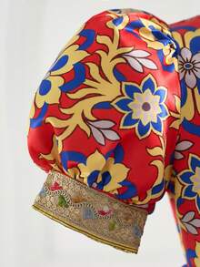 时尚优雅的少女网纱拼接印花短袖连衣裙 - 紅色 - 查看 7