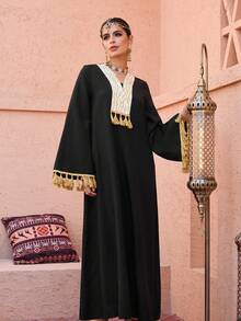 Al Najma Floral Patchwork Solid Color Fringe Cuff Black Long Cardigan - Black - View 6