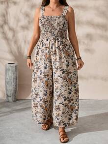 SHEIN CURVE+ 大码女式宽肩带方领连体裤，适合度假和户外活动穿着 - 彩色 - 查看 6