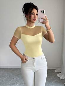 Elenzga Women's 2025 Summer Solid Color Versatile Mesh Patchwork Round Neck Short Sleeve T-Shirt - Light Yellow - View 5