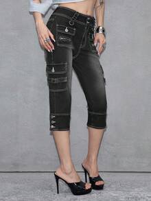 ROMWE Avant 女士复古机车风性感超低腰工装七分紧身牛仔裤 - 黑色 - 查看 4