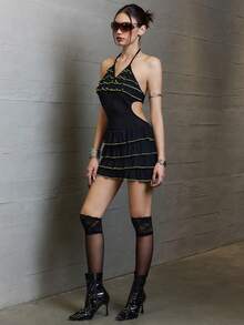 Rina Fox Women's Sexy Beach Vacation Contrast Binding Ruffle Trim Backless Tie Front Mini Dress Singlet Redbull - Black - View 2