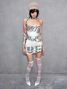J-Fashion 女士性感Y3K前卫Logo图案透视迷你抹胸连衣裙 - 白色 - 查看 9