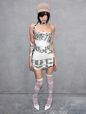 ROMWE Avant Abito mini fasciante e trasparente con logo grafico d'avanguardia in stile Y3K per donna