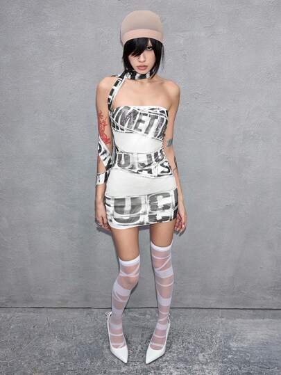 ROMWE Avant Women's Sexy Y3K Avant-Garde Logo Graphic Sheer Mini Bandeau Dress