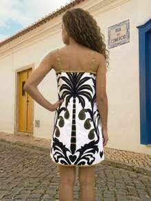 CAJUNI Đầm ngắn Paisley đen trắng sang trọng cho kỳ nghỉ - Nhiều màu - Xem 2