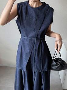 FRIFUL Women's Casual Denim Crew Neck Sleeveless Top And Mini Skirt Set - Blue - View 4