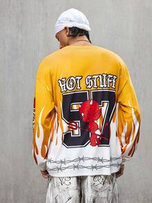 SHEIN HOT STUFF Men's Casual Street Flame & Letter Graphic Loose Fit Long Sleeve T-Shirt, Suitable For Daily Commute, Spring/Autumn - Pale Yellow - View 2