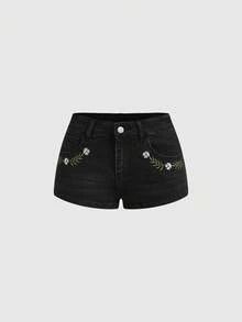 ROMWE Fairycore 深色蘑菇图案植物刺绣低腰女式牛仔短裤 - 黑色 - 查看 6