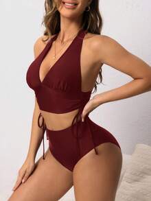 Swim Lushoire Adjustable Drawstring All-Match Women Swimsuit Set - Burgundy - View 5