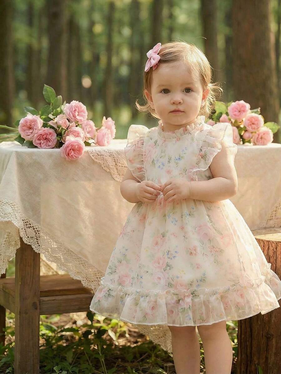 Souflis 法式复古新款春季连衣裙，女童夏季新款玫瑰印花无袖花朵蓬蓬裙，超仙气优雅拉链露背休闲通勤甜美可爱公主裙 - 彩色 - 查看 1