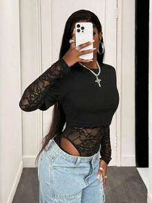 SHEIN PETITE Women's Long Sleeve Sexy Lace Bodysuit - Black - View 5