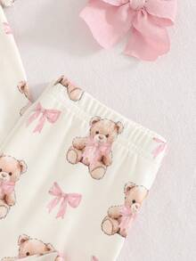 SHEIN 2件套女童针织小熊蝴蝶结图案圆领T恤和打底裤睡衣套装 - 米色 - 查看 6