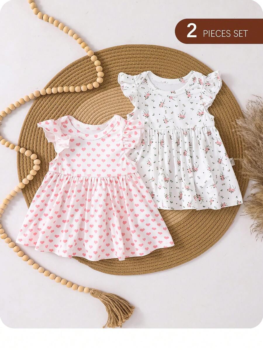 Adorable Baby Girls Short Round Neck Ruffle Sleeve A Line Flared Dresses With Plant And Heart Patterns - Multicolor - View 1