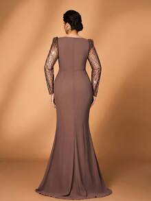 Serin Váy voan voan dài tay họa tiết hoa đính ngọc trai và sequin sang trọng, thanh lịch cỡ lớn, viền đuôi cá xếp nếp, thích hợp cho đám cưới, tiệc tùng, kỳ nghỉ, dạ hội, váy dạ hội cho mẹ cô dâu - màu nâu - Xem 4