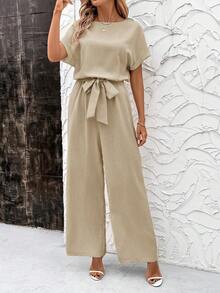 SHEIN Clasi Elegante tuta estiva da donna in lino blu con maniche a sbuffo, vita annodata e tessuto plissettato, adatta per varie occasioni, viaggi quotidiani, uscite, ecc. - Cachi - Visualizzare 5