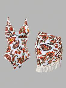 Swim Oasis Bộ áo tắm liền thân cỡ lớn in nhiều màu sắc, cổ chữ V, buộc dây phía trước, kết hợp với chân váy in họa tiết và viền tua rua, trang phục nghỉ dưỡng biển thanh lịch và thời trang. - Nhiều màu - Xem 3