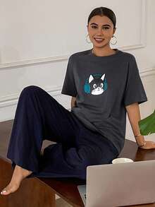 DAZY 2pcs/Set Women Casual Cat Pattern Loose Fit Short Sleeve T-Shirt And Pants Suit - Grey - View 3