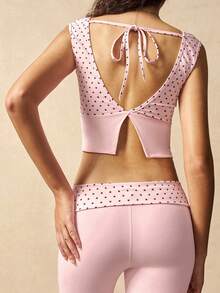 VARSIVA Women's Polka Dot Print Patchwork Backless Cropped Tank Top And Flare Pants Sports Suit - Pink - View 4