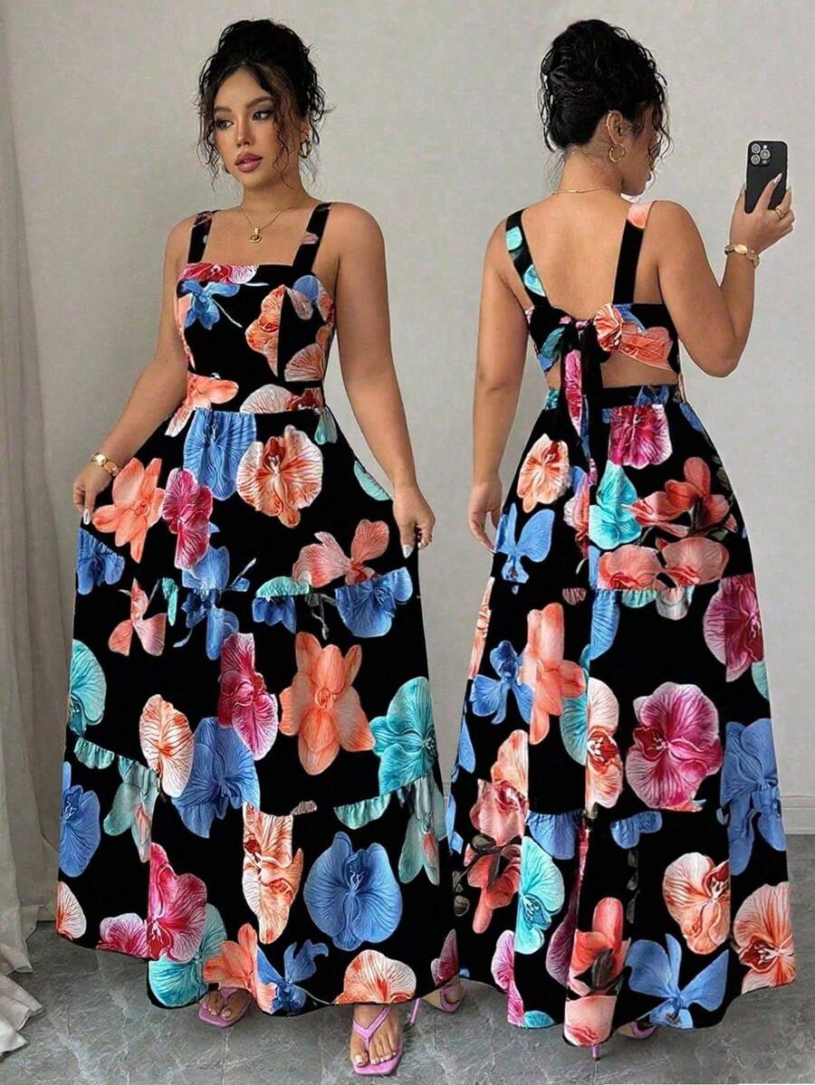 Elenzga Vestido casual sin mangas con estampado floral y cintura ceñida para mujeres de talla grande, ideal para vacaciones y uso diario - Negro - Ver 1