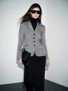 Lumivelle 女士极简单排扣翻领西装外套 - 灰色 - 查看 6