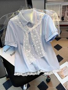 SHEIN PariChic 新款女士浅蓝色可拆卸领荷叶边下摆休闲通勤外出约会度假两件套短袖衬衫 - 藍色 - 查看 6