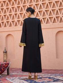 Al Najma Floral Patchwork Solid Color Fringe Cuff Black Long Cardigan - Black - View 8