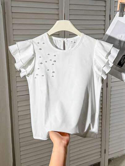 SHEIN Tween Girl White Cap Sleeve Blouse, Elegant & With Pearl Decor, Pairs Well With Jeans, Shorts, Skirts, Pants For Party, School Occasions